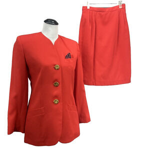 Vintage Sassco Womens 10 2pc Skirt Suit Red Gold Buttons Office Siren Power Suit